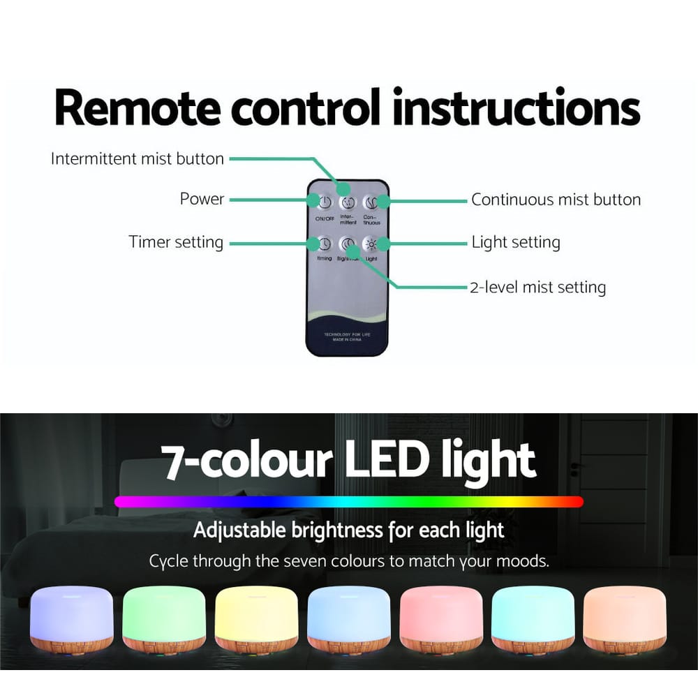 Light Wood Grain Devanti Aroma Diffuser 7 Colour LED Night Light - 500ml - Image 5