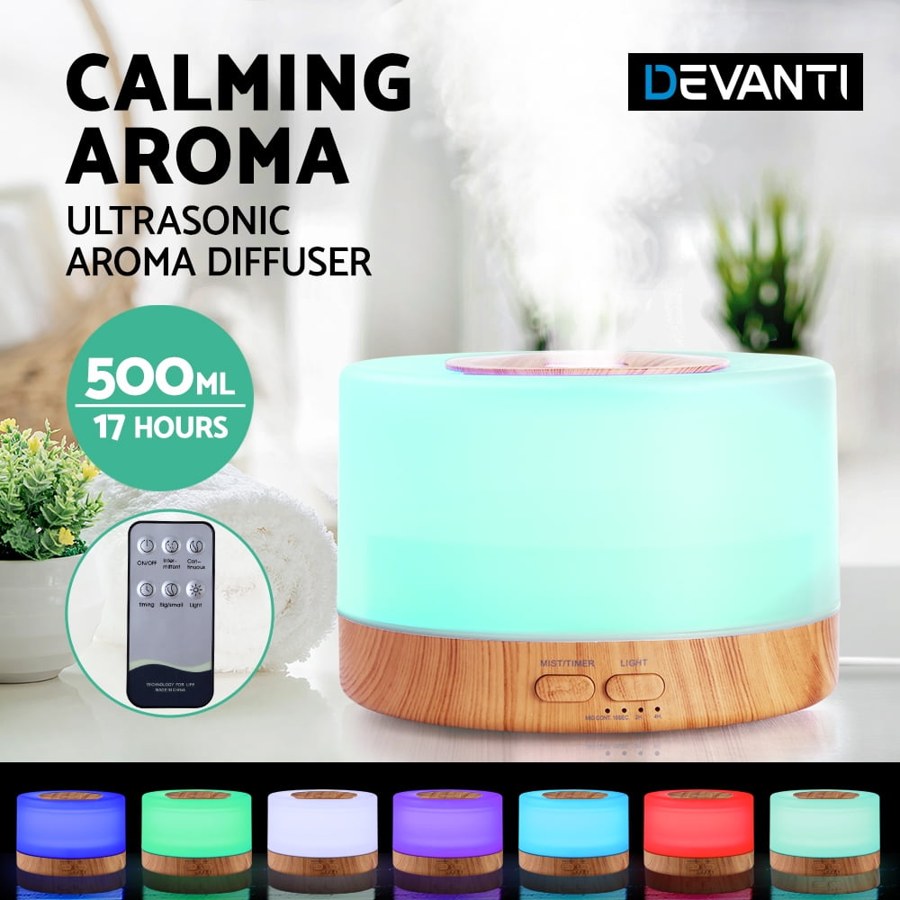 Round Light Wood Grain Devanti Aroma Diffuser - 500ml - Image 3