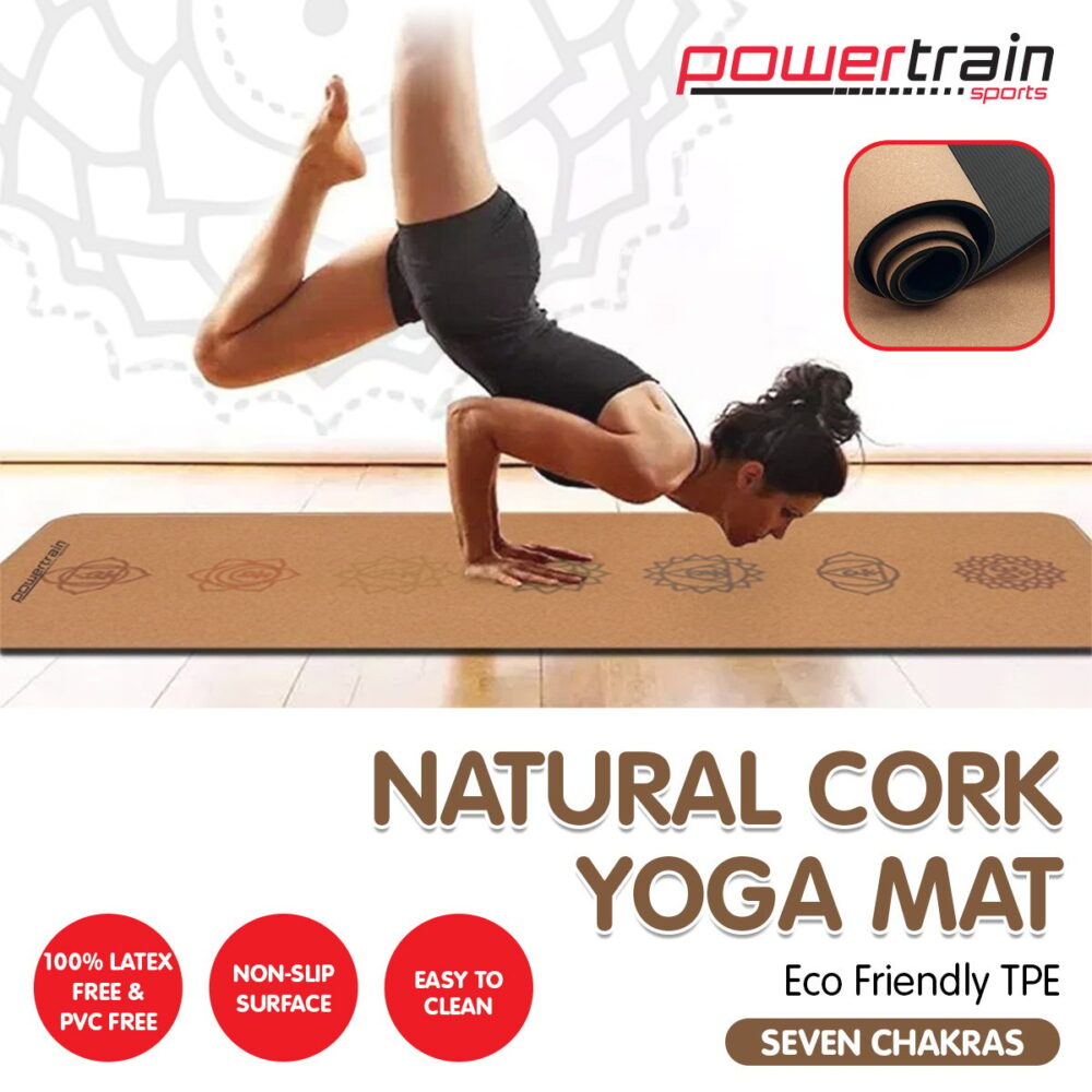 Powertrain Cork Yoga Mat with Carry Straps Home Gym Pilates - Chakras - Image 3