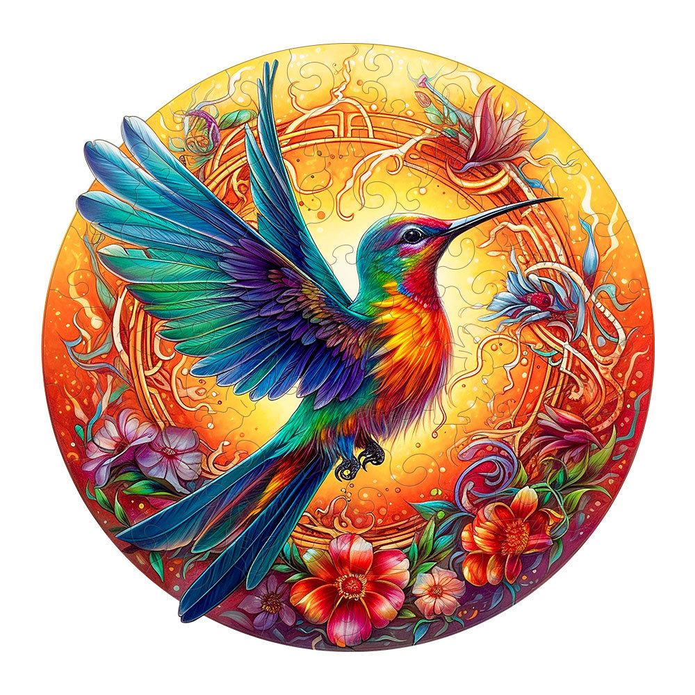 Small Round Hummingbird Wooden 62 Piece Puzzle - Vibrant Floral Design