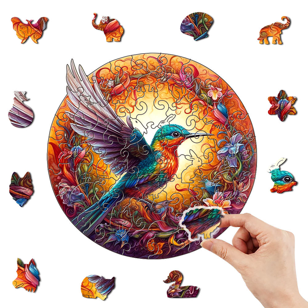 Small Round Hummingbird Wooden 62 Piece Puzzle - Vibrant Floral Design - Image 2