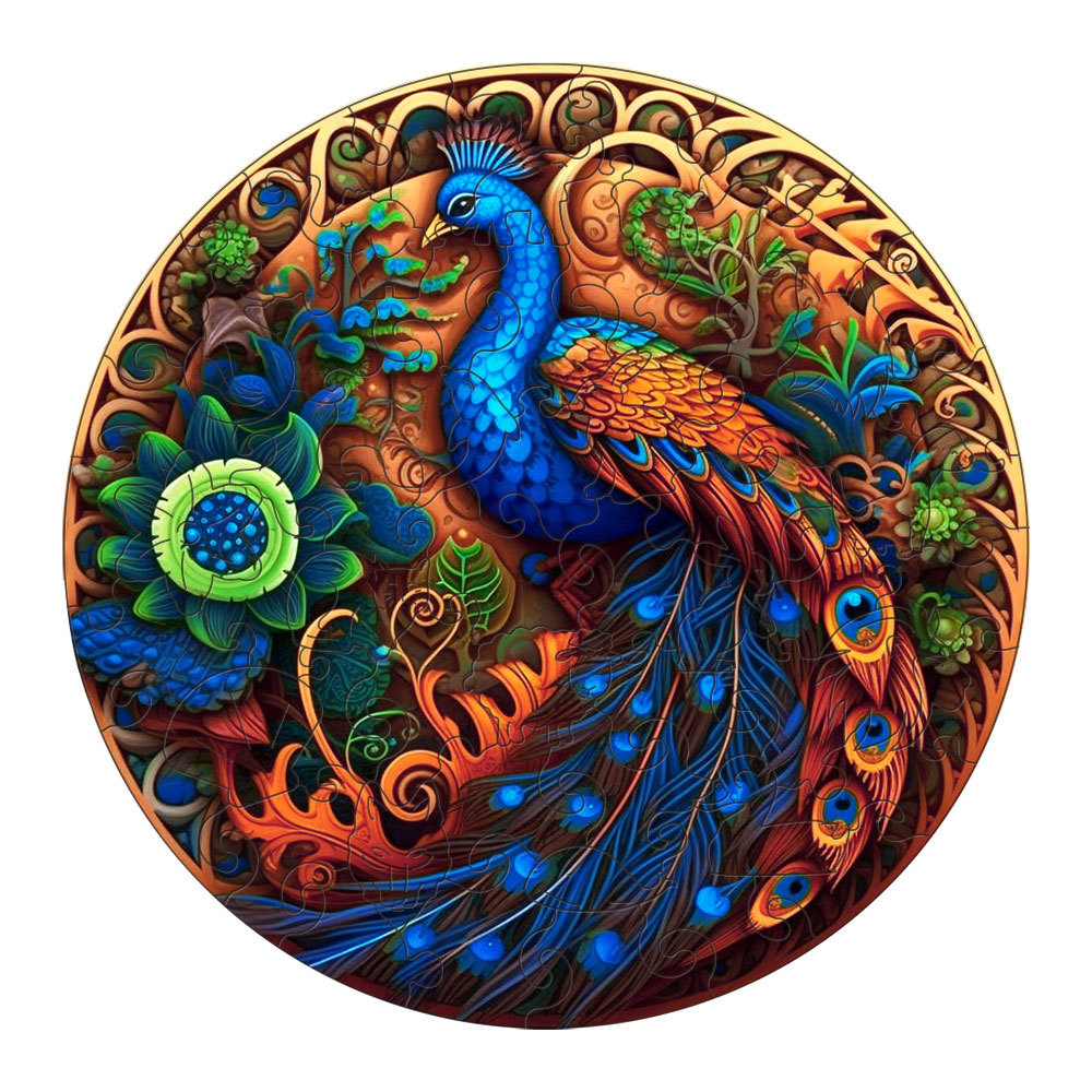 Small Round Peacock Wooden 62 Piece Puzzle - Intricate Nature-Inspired Art Puzzle
