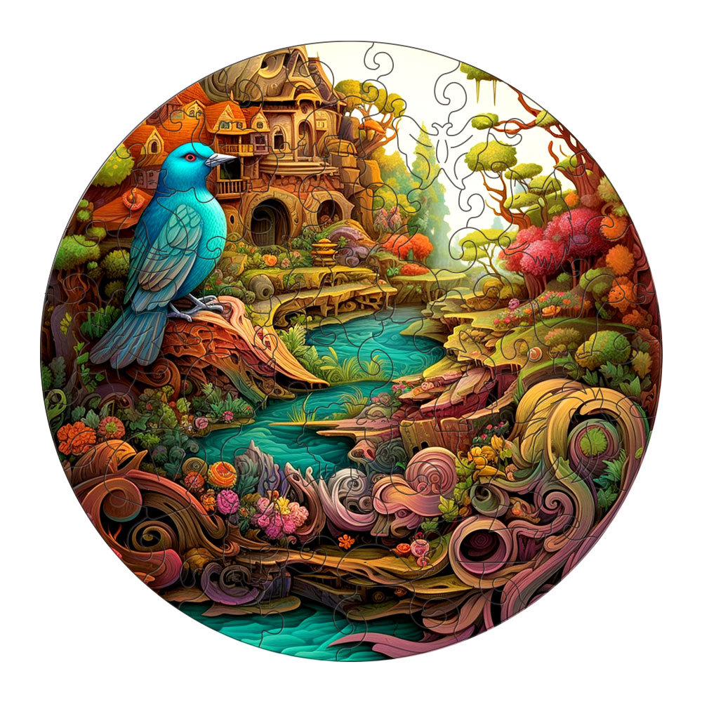 Small Fantasy Bird Wooden 62 Piece Puzzle - Intricate Nature-Themed Circular Puzzle