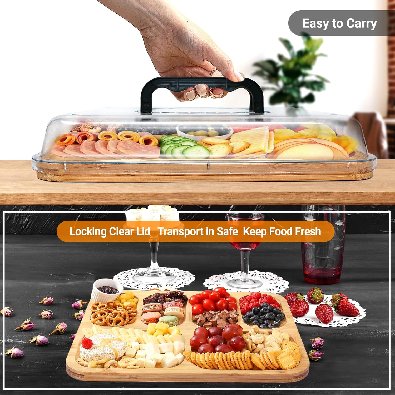 CARLA HOME Bamboo Charcuterie Board with Lid & Handle ideal Gift for Kitchen, Party & Picnic (6 Compartments) - Image 2