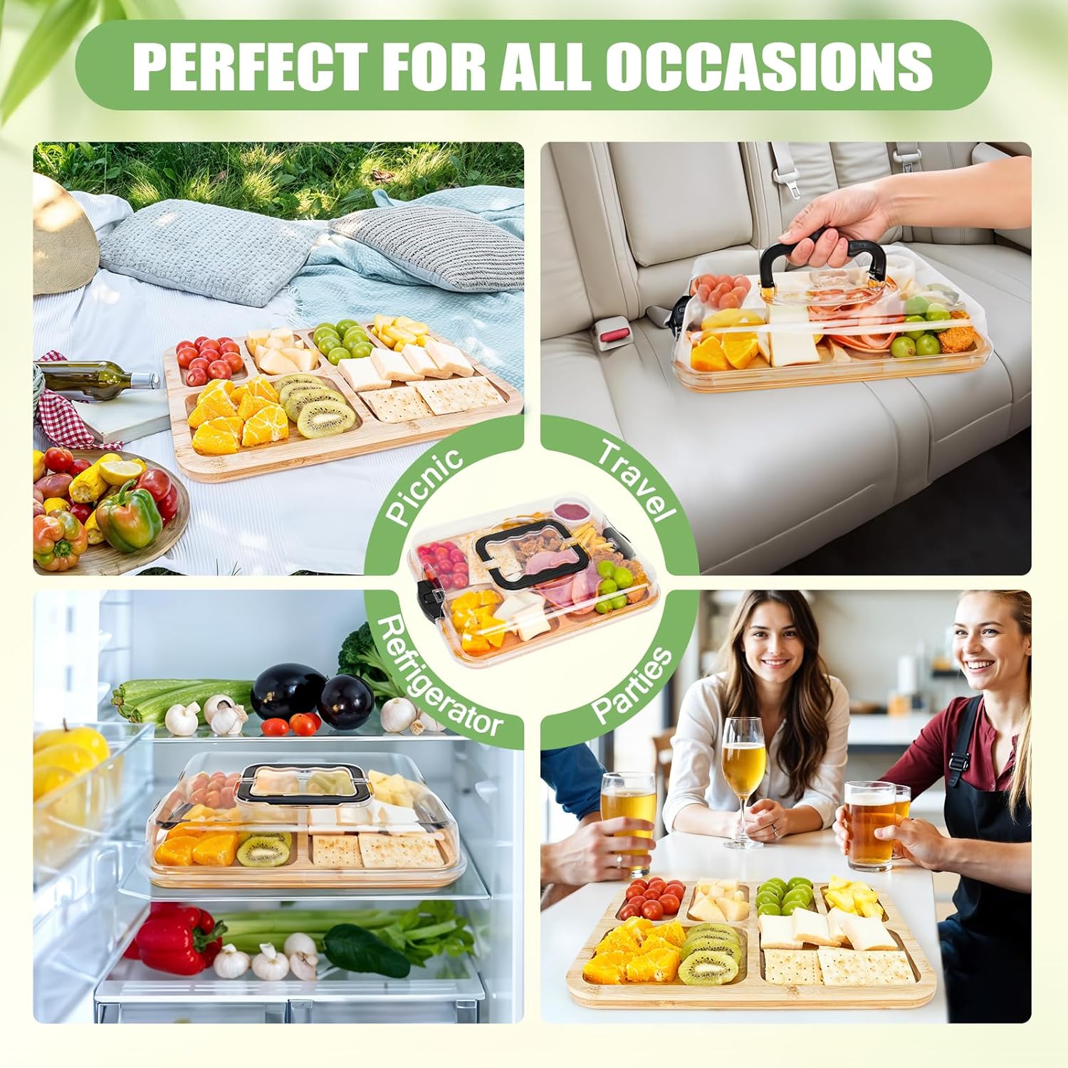 CARLA HOME Bamboo Charcuterie Board with Lid & Handle ideal Gift for Kitchen, Party & Picnic (6 Compartments) - Image 8